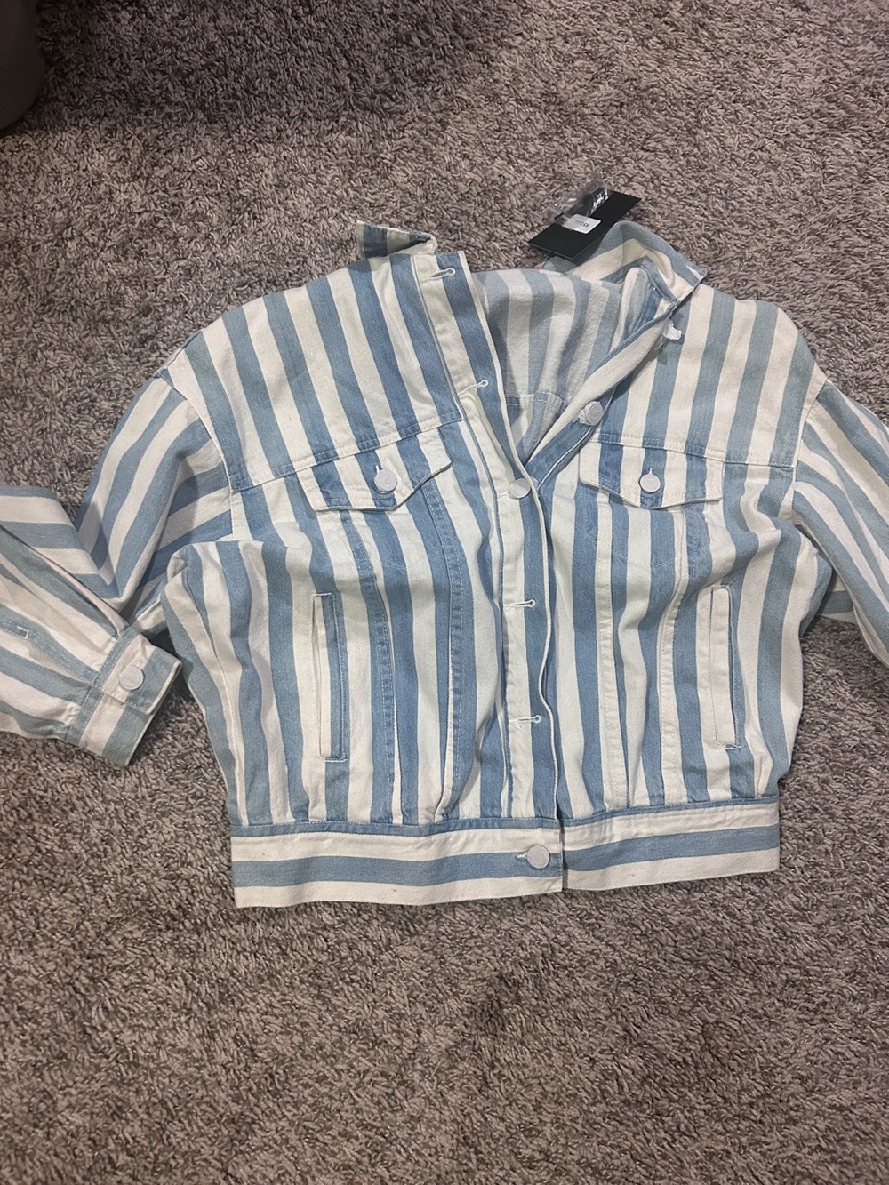 Fashion Nova Blue and White Striped Cropped Jacket